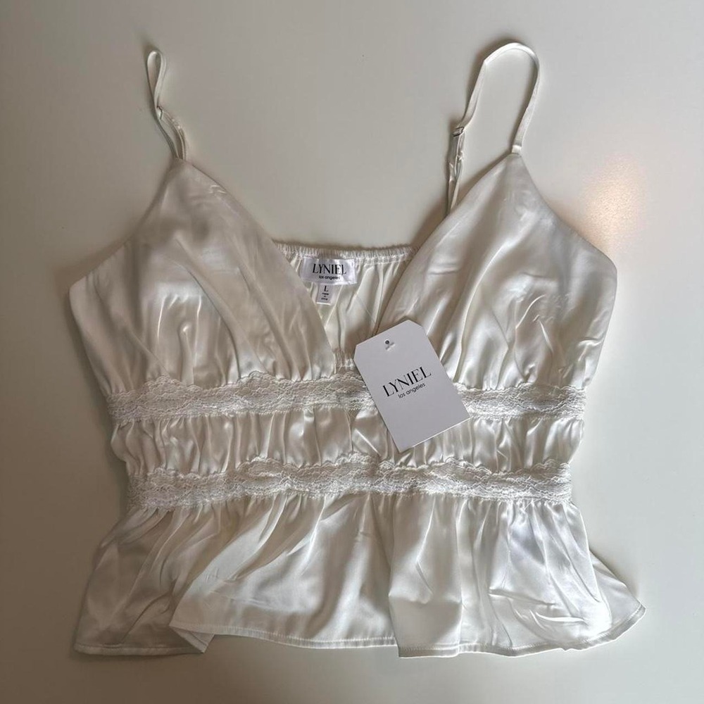 Lyniel white satin cami adjustable straps Sz L NWT #Bachelorette #fairy